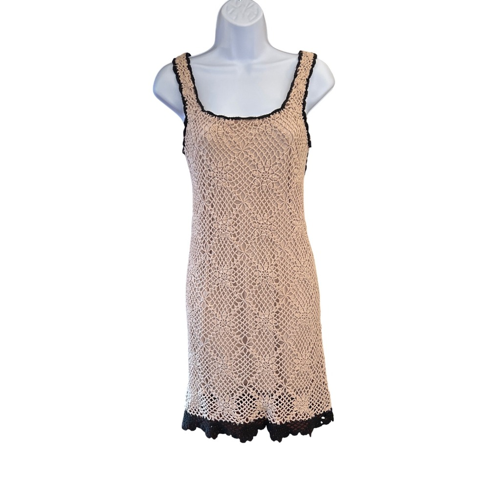 Vintage Glimmer Beige Black Crochet Slip Dress Y2K Ramie Cotton Lined Medium